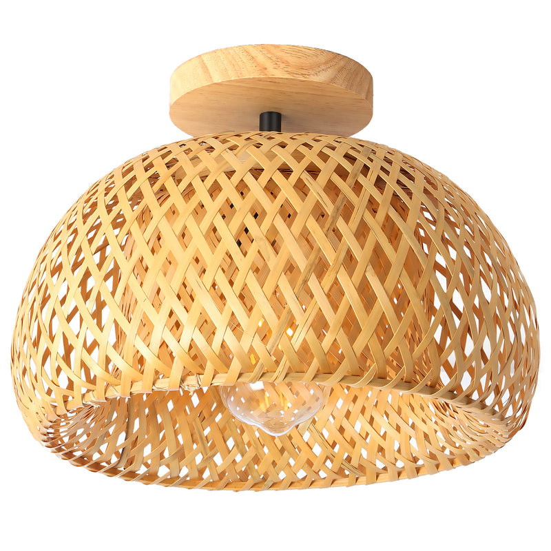 Traditional Farmhouse Semicircular Bamboo Weaving 1-Light Semi-Flush Mount Ceiling Light For Living Room