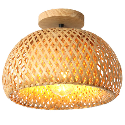 Traditional Farmhouse Semicircular Bamboo Weaving 1-Light Semi-Flush Mount Ceiling Light For Living Room