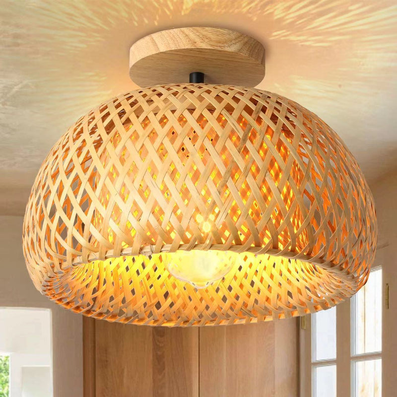 Traditional Farmhouse Semicircular Bamboo Weaving 1-Light Semi-Flush Mount Ceiling Light For Living Room