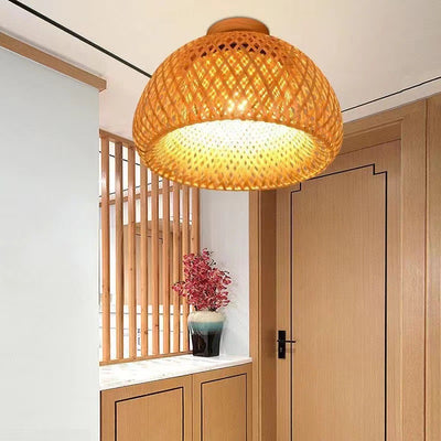 Traditional Farmhouse Semicircular Bamboo Weaving 1-Light Semi-Flush Mount Ceiling Light For Living Room