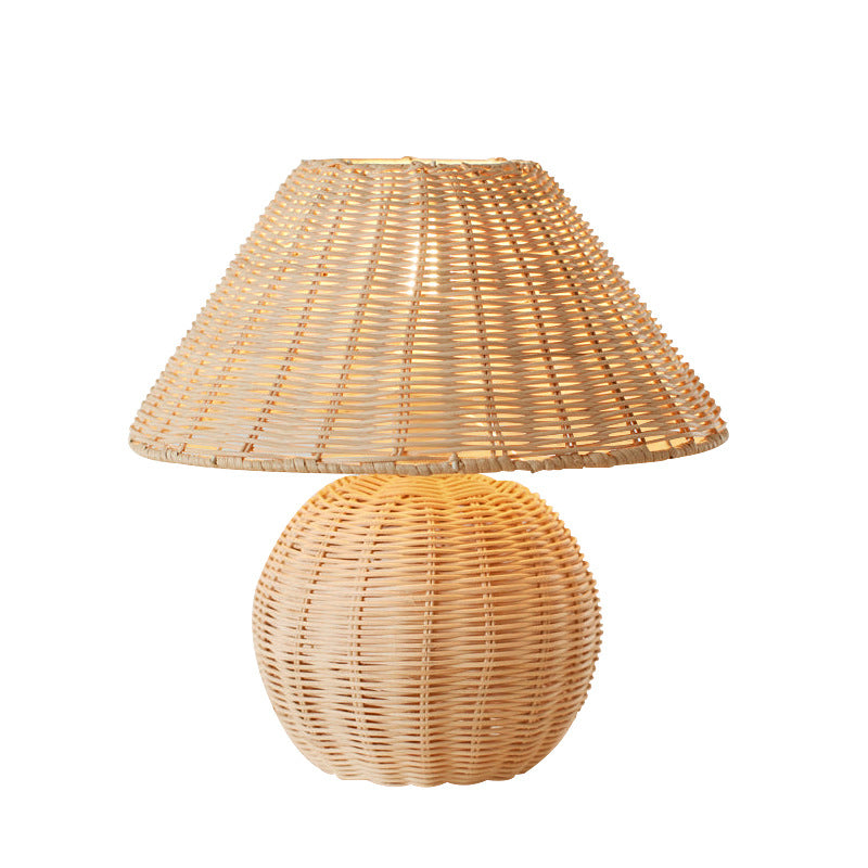 Traditional Japanese Rattan Weaving Round 1-Light Table Lamp For Home Office