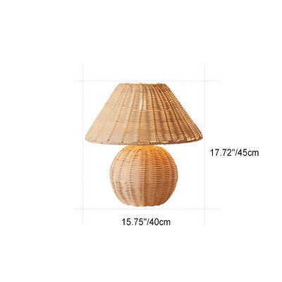 Traditional Japanese Rattan Weaving Round 1-Light Table Lamp For Home Office