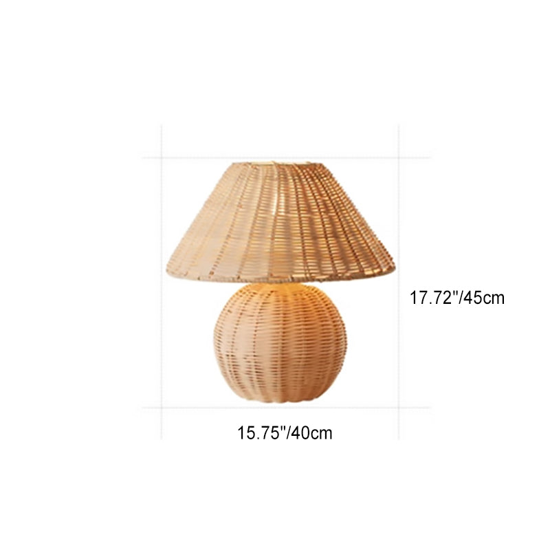 Traditional Japanese Rattan Weaving Round 1-Light Table Lamp For Home Office