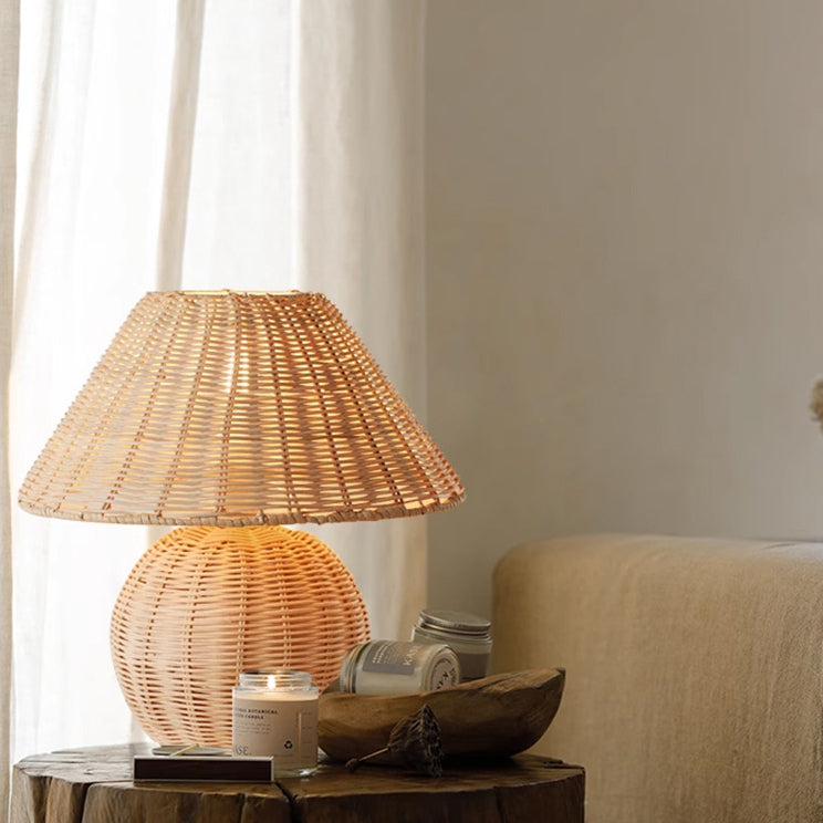 Traditional Japanese Rattan Weaving Round 1-Light Table Lamp For Home Office