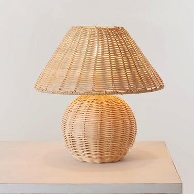 Traditional Japanese Rattan Weaving Round 1-Light Table Lamp For Home Office