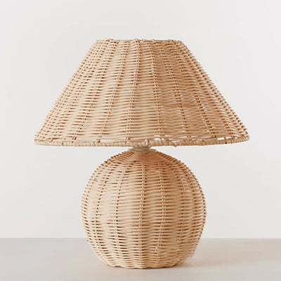 Traditional Japanese Rattan Weaving Round 1-Light Table Lamp For Home Office