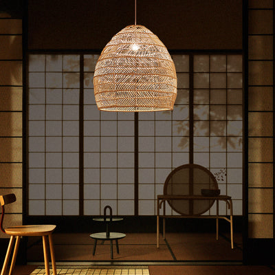 Traditional Farmhouse Oval Rattan Weaving 1-Light Pendant Light For Dining Room