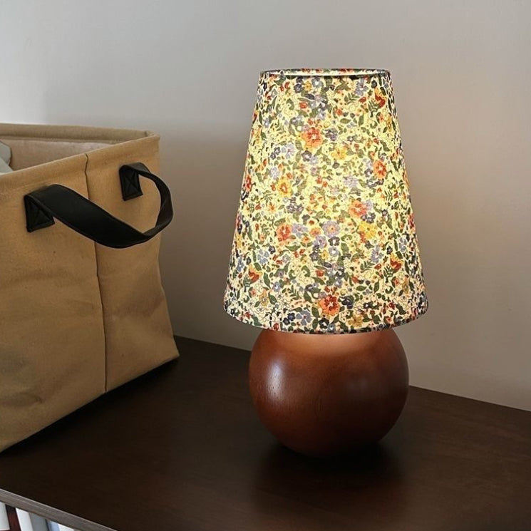 Traditional French Pastoral Floral Print Fabric Round Shade Solid Wood Base 1-Light Table Lamp For Bedroom