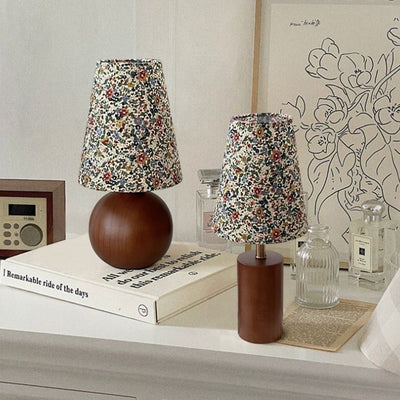 Traditional French Pastoral Floral Print Fabric Round Shade Solid Wood Base 1-Light Table Lamp For Bedroom