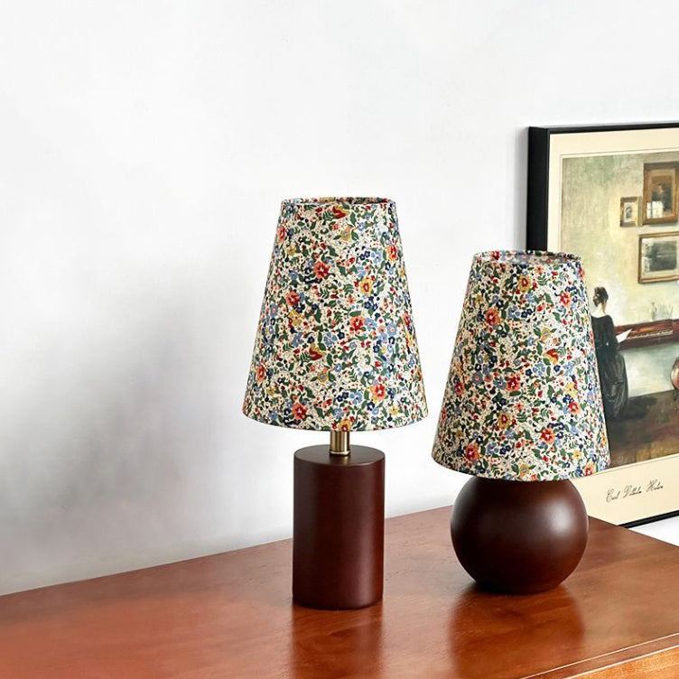 Traditional French Pastoral Floral Print Fabric Round Shade Solid Wood Base 1-Light Table Lamp For Bedroom