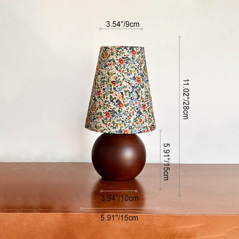 Traditional French Pastoral Floral Print Fabric Round Shade Solid Wood Base 1-Light Table Lamp For Bedroom