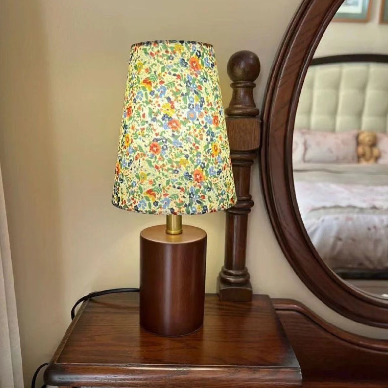 Traditional French Pastoral Floral Print Fabric Round Shade Solid Wood Base 1-Light Table Lamp For Bedroom