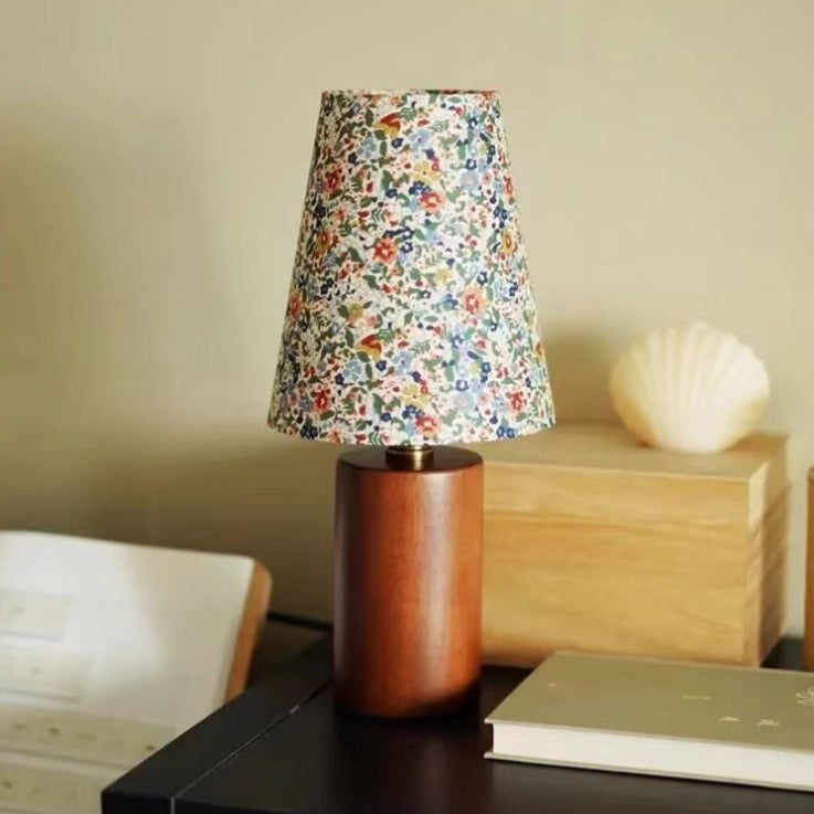 Traditional French Pastoral Floral Print Fabric Round Shade Solid Wood Base 1-Light Table Lamp For Bedroom