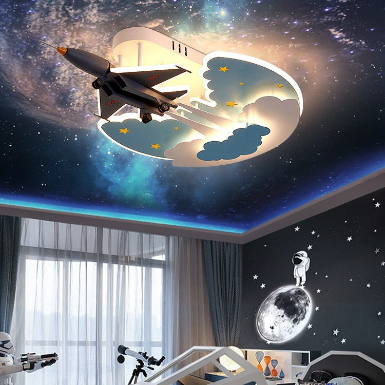 Contemporary Creative Cartoon Interstellar Space Fighter Iron Acrylic LED Semi-Flush Mount Ceiling Light For Bedroom