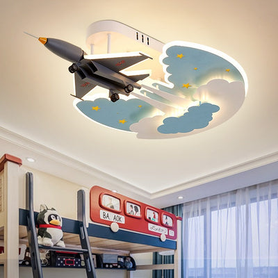 Contemporary Creative Cartoon Interstellar Space Fighter Iron Acrylic LED Semi-Flush Mount Ceiling Light For Bedroom