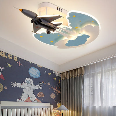 Contemporary Creative Cartoon Interstellar Space Fighter Iron Acrylic LED Semi-Flush Mount Ceiling Light For Bedroom