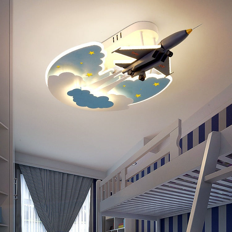 Contemporary Creative Cartoon Interstellar Space Fighter Iron Acrylic LED Semi-Flush Mount Ceiling Light For Bedroom