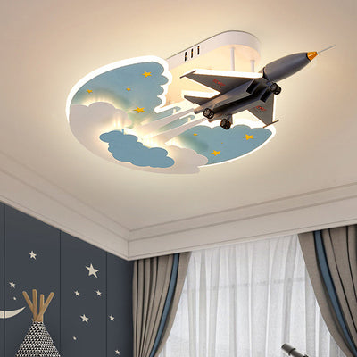 Contemporary Creative Cartoon Interstellar Space Fighter Iron Acrylic LED Semi-Flush Mount Ceiling Light For Bedroom