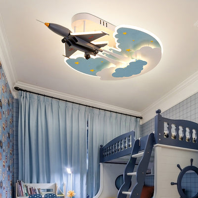 Contemporary Creative Cartoon Interstellar Space Fighter Iron Acrylic LED Semi-Flush Mount Ceiling Light For Bedroom