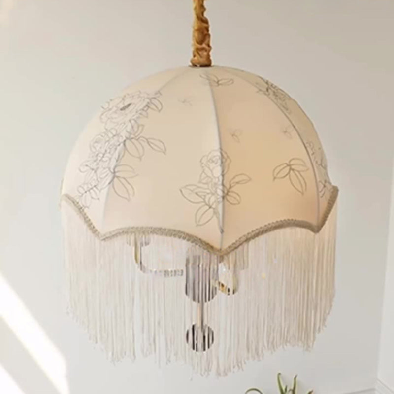 Traditional French Ash Wood Floral Pattern Fabric Shade Tassel 3-Light Chandelier For Living Room