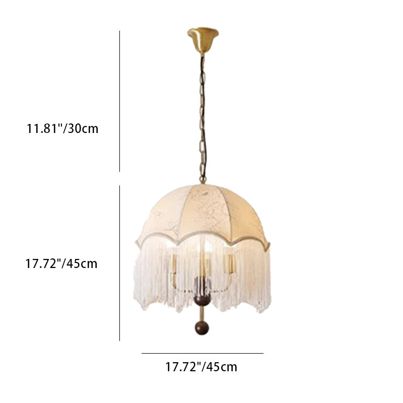 Traditional French Ash Wood Floral Pattern Fabric Shade Tassel 3-Light Chandelier For Living Room