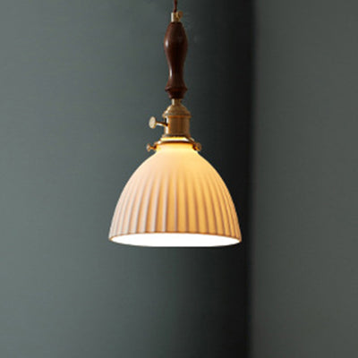 Traditional Japanese Wood Ceramic Round 1-Light Pendant Light For Living Room