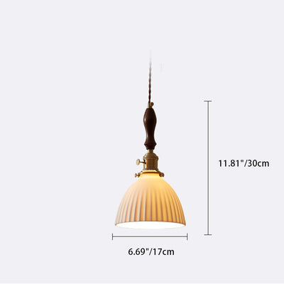 Traditional Japanese Wood Ceramic Round 1-Light Pendant Light For Living Room