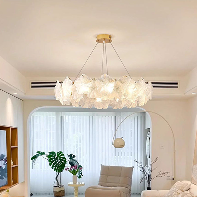 Contemporary Luxury Iron Snowflake Leaf Glass Shade 10-Light Chandelier For Living Room