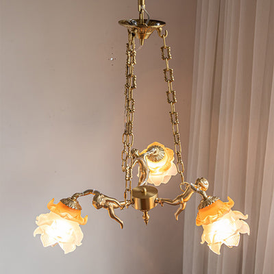 Traditional French Antique Brass Angel Flower Glass Shade 1/3-Light Chandelier For Living Room