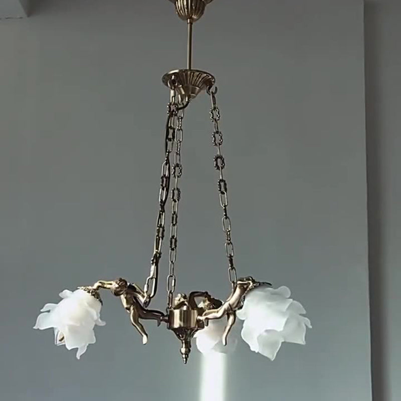 Traditional French Antique Brass Angel Flower Glass Shade 1/3-Light Chandelier For Living Room