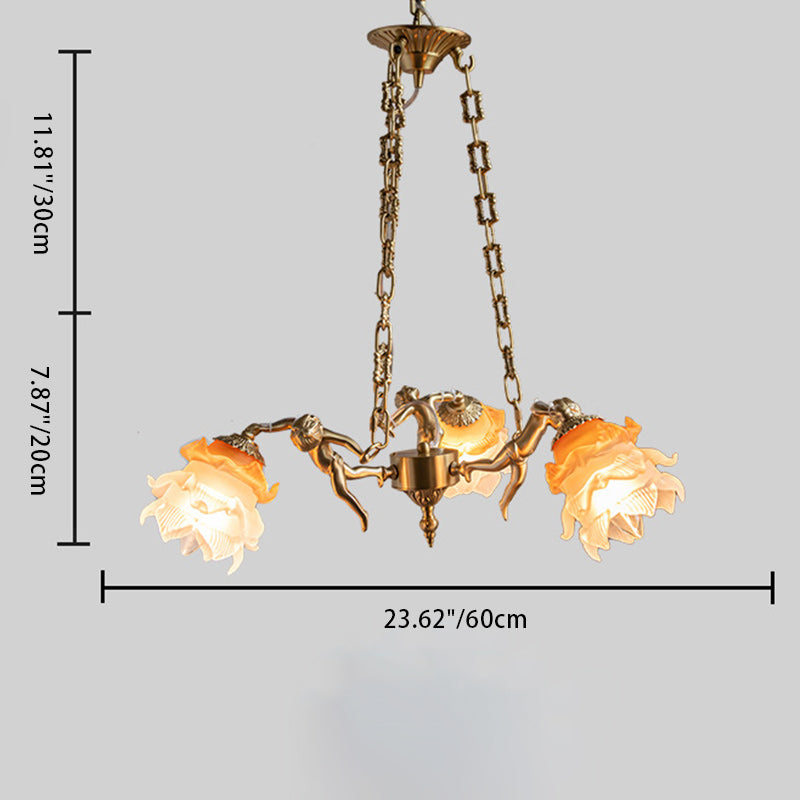 Traditional French Antique Brass Angel Flower Glass Shade 1/3-Light Chandelier For Living Room