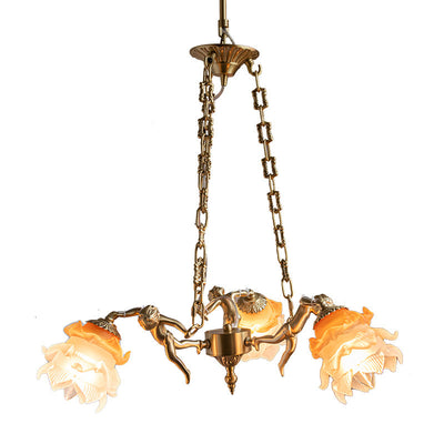 Traditional French Antique Brass Angel Flower Glass Shade 1/3-Light Chandelier For Living Room