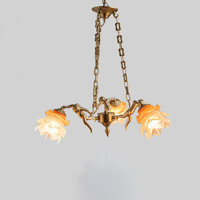 Traditional French Antique Brass Angel Flower Glass Shade 1/3-Light Chandelier For Living Room