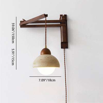 Traditional Japanese Wood Travertine Round Shade 1-Light Retractable Folding Wall Sconce Lamp For Living Room