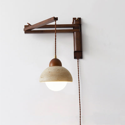 Traditional Japanese Wood Travertine Round Shade 1-Light Retractable Folding Wall Sconce Lamp For Living Room