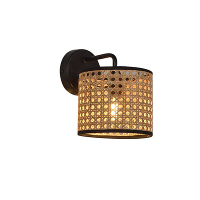 Contemporary Boho Cylindrical Hand-Woven Rattan 1-Light Wall Sconce Lamp For Living Room