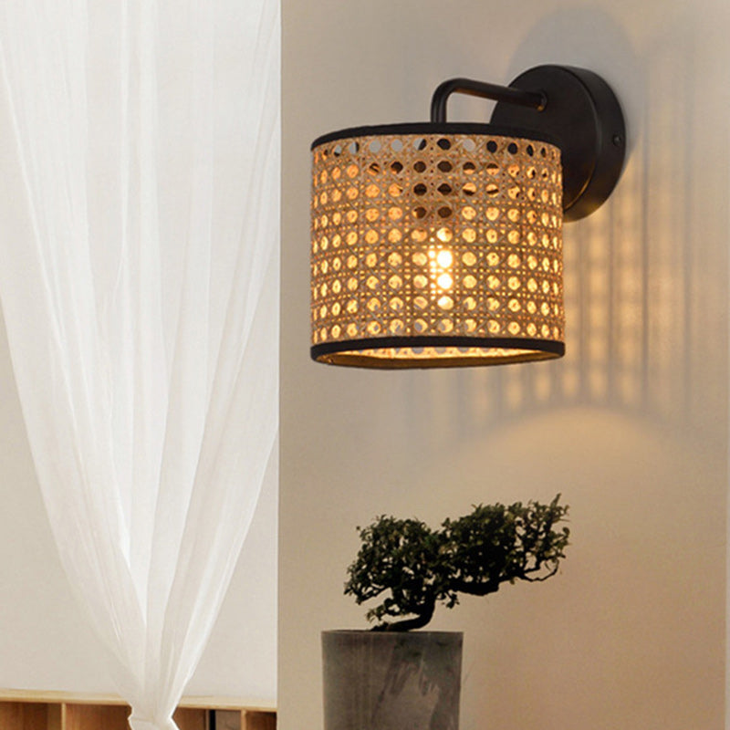 Contemporary Boho Cylindrical Hand-Woven Rattan 1-Light Wall Sconce Lamp For Living Room