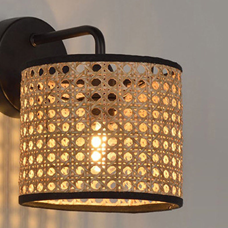 Contemporary Boho Cylindrical Hand-Woven Rattan 1-Light Wall Sconce Lamp For Living Room