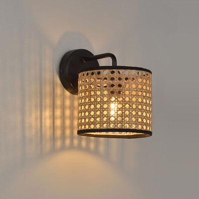 Contemporary Boho Cylindrical Hand-Woven Rattan 1-Light Wall Sconce Lamp For Living Room