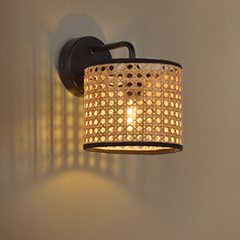 Contemporary Boho Cylindrical Hand-Woven Rattan 1-Light Wall Sconce Lamp For Living Room