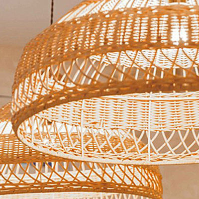 Contemporary Boho Rattan Weaving Hat Shape 1-Light Pendant Light For Dining Room