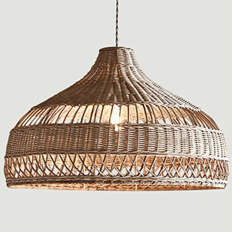 Contemporary Boho Rattan Weaving Hat Shape 1-Light Pendant Light For Dining Room