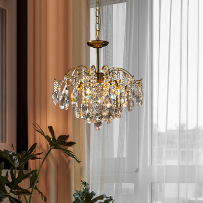 Contemporary Luxury Full Copper Frame Dazzling Crystal String 6-Light Chandelier For Living Room