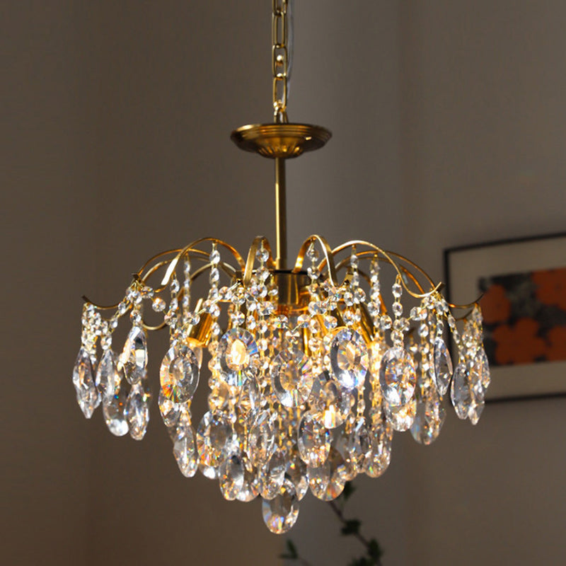 Contemporary Luxury Full Copper Frame Dazzling Crystal String 6-Light Chandelier For Living Room