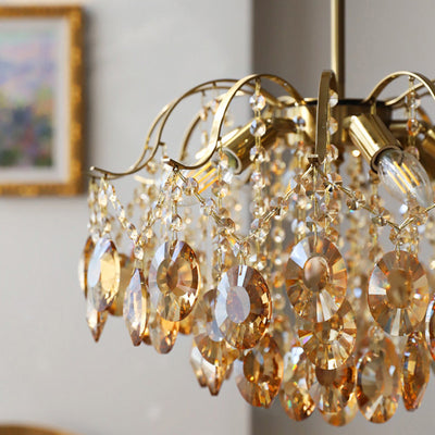 Contemporary Luxury Full Copper Frame Dazzling Crystal String 6-Light Chandelier For Living Room