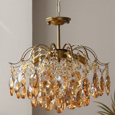 Contemporary Luxury Full Copper Frame Dazzling Crystal String 6-Light Chandelier For Living Room