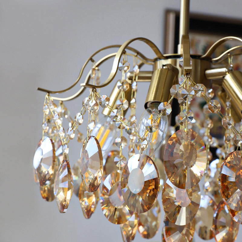 Contemporary Luxury Full Copper Frame Dazzling Crystal String 6-Light Chandelier For Living Room