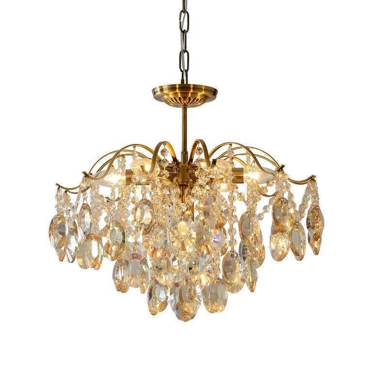 Contemporary Luxury Full Copper Frame Dazzling Crystal String 6-Light Chandelier For Living Room