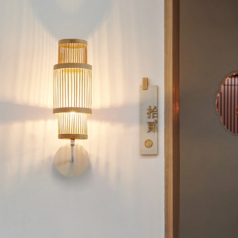 Traditional Japanese Bamboo Weaving Cage 1-Light Wall Sconce Lamp For Living Room