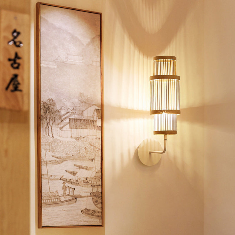 Traditional Japanese Bamboo Weaving Cage 1-Light Wall Sconce Lamp For Living Room